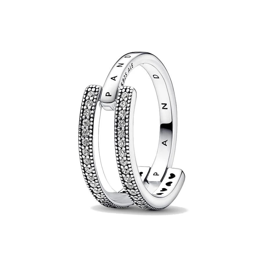 PANDORA JEWELS Mod. SIGNATURE LOGO &amp; PAVE DOUBLE BAND - RING - Size 52 ***SPECIAL PRICE***